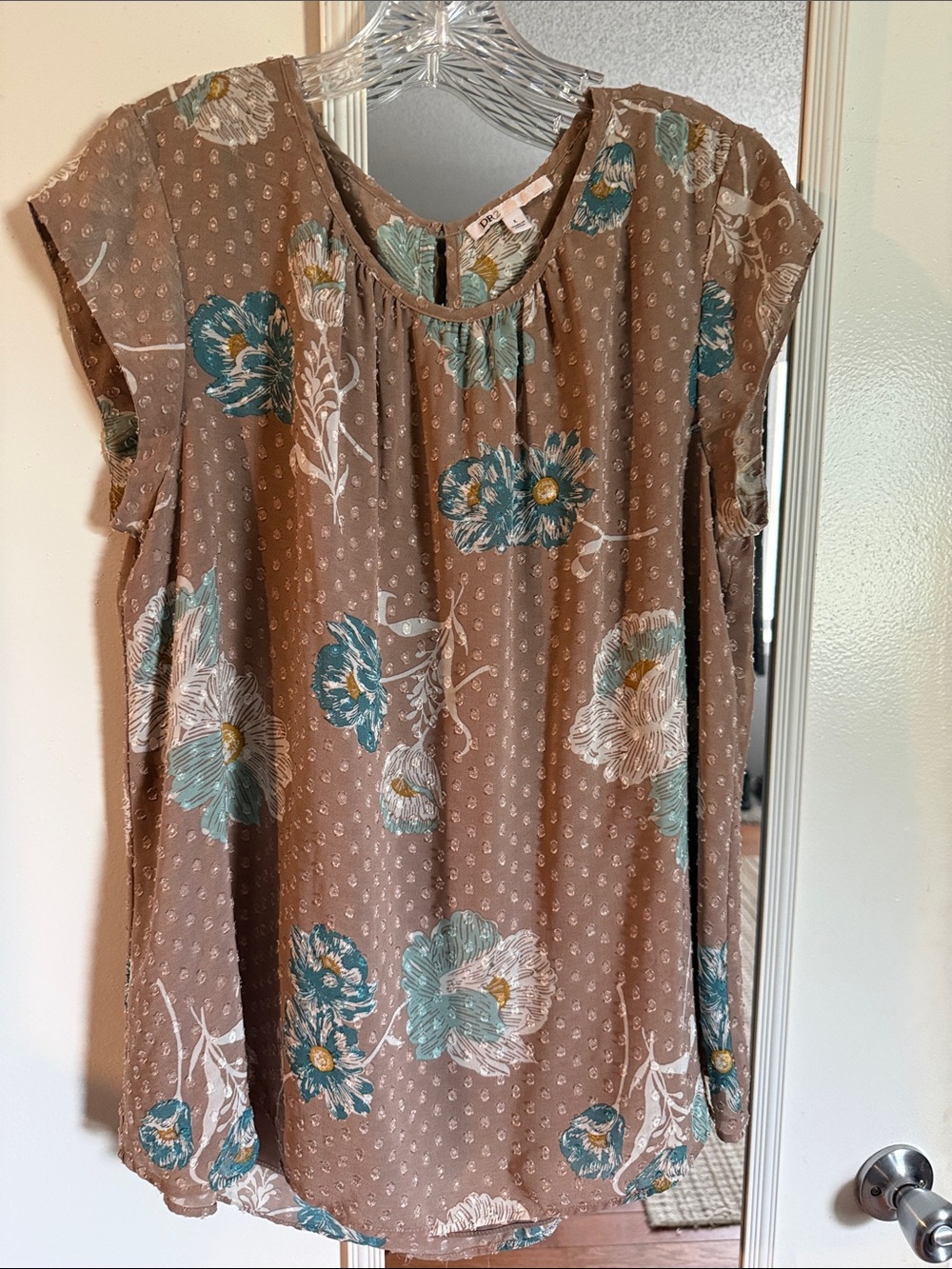 DR2 Taupe Floral Short-Sleeve Blouse with Teal Accents